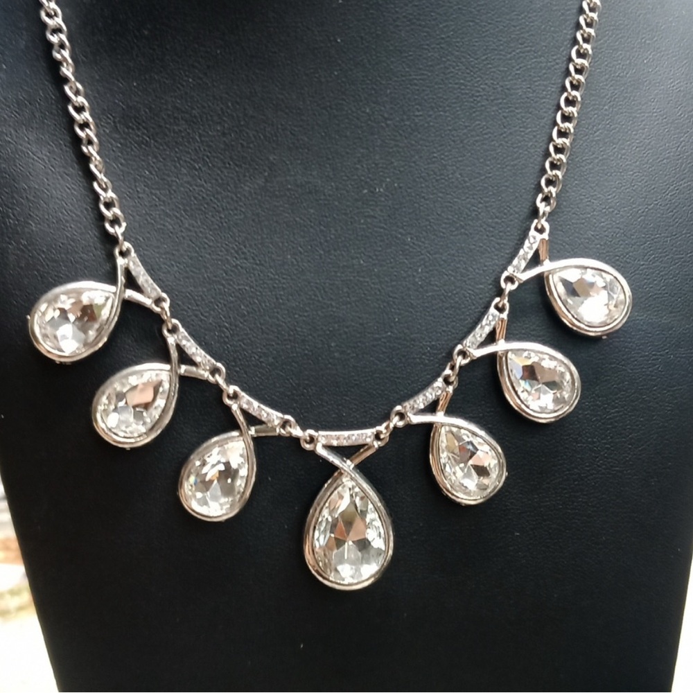 Rhinestone statement necklace white gold plated cubic zirconia cz reversible EUC